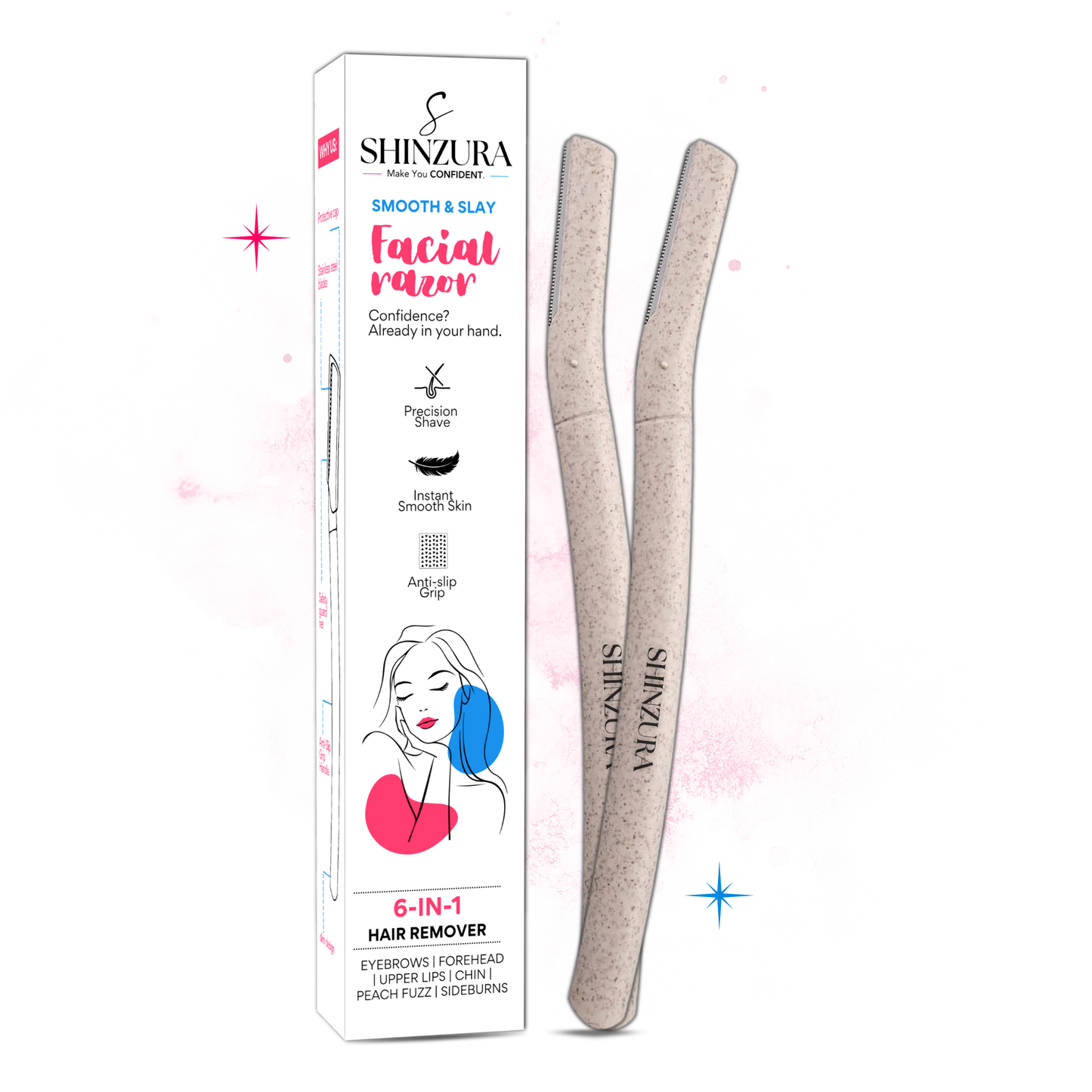 Shinzura Smooth & Slay – 6-in-1 Facial Razor for Women ( pack of 2 ) | Face Hair Remover for Eyebrows, Lips & Chin