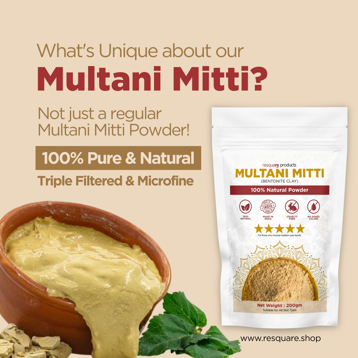 Shinzura Multani Mitti (Bentonite Clay) 200g – 100% Natural Powder