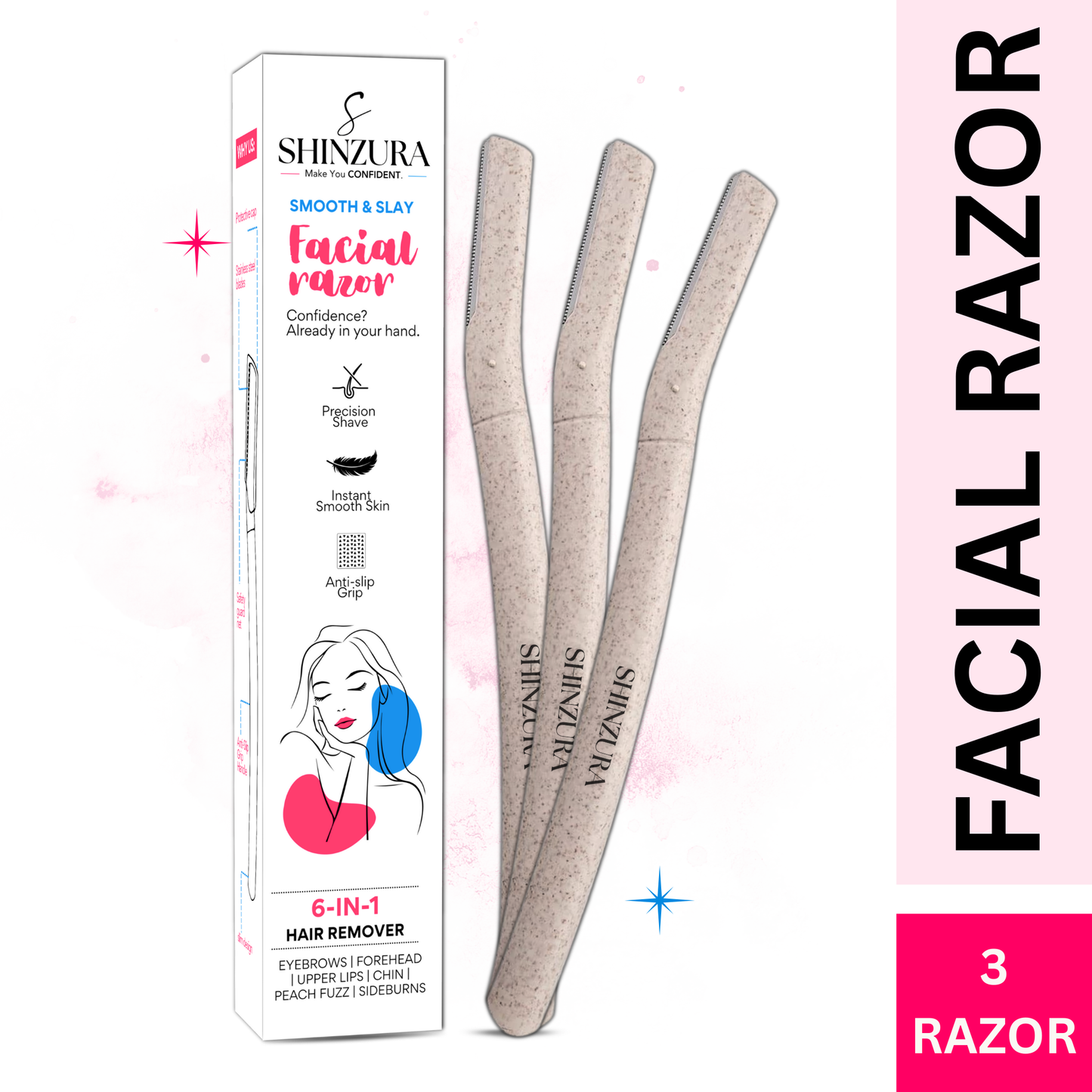 Shinzura 6-in-1 Facial Razor for Women – Pack of 3